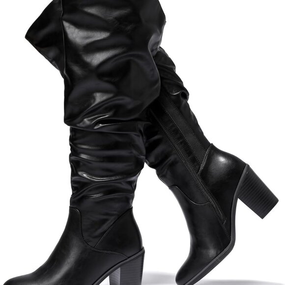 Women's Extra Wide Calf Knee High Boots Man-Made Leather 8 X-Wide Block Heel - Picture 1 of 6